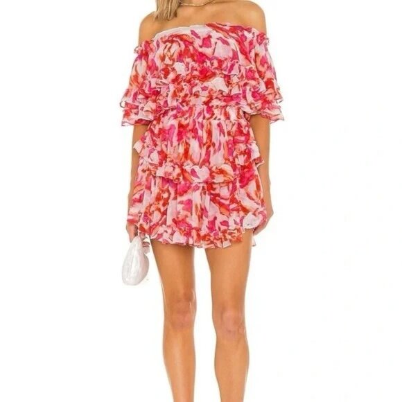 Misa Los Angeles Isella Maldive Marble Floral Off-Shoulder Ruffle Mini Dress M - Picture 9 of 16
